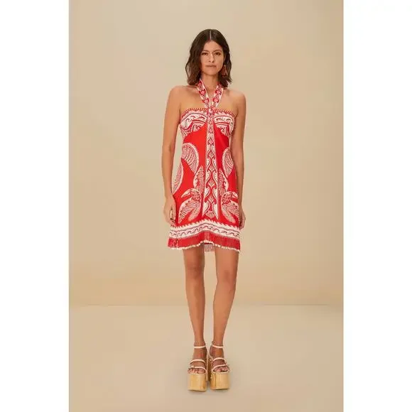 Farm Rio Red Majestic Coconut Tree Euroflax Premium Linen Mini Dress - Picture 2 of 11